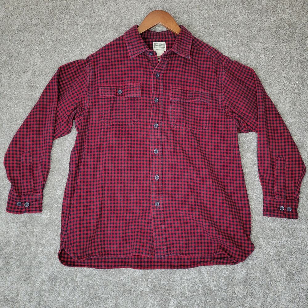 LL Bean Red Black Plaid Long Sleeve Button Down Flannel Shirt Size L Reg